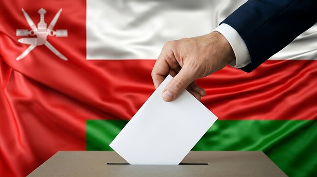 Hand casting a vote in a ballot box against the national flag of oman