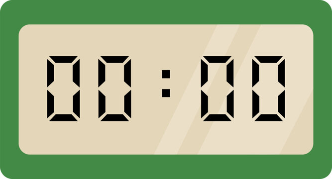 A green and cream digital clock on a white background showing 00:00. A modern digital clock displaying time with bright LED numbers, representing technology, time management, punctuality, and everyday