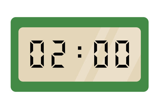 A green and cream digital clock on a white background showing 02:00