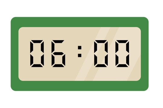 A green and cream digital clock on a white background showing 06:00