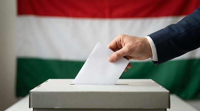Person casting a vote in a ballot box with the hungarian flag in the