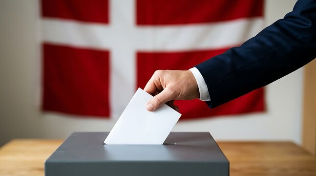Person in suit casting a vote in a ballot box with the danish flag in