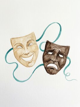 Watercolor Illustration of Comedy and Tragedy Theater Masks with Blue Ribbon on White Background
