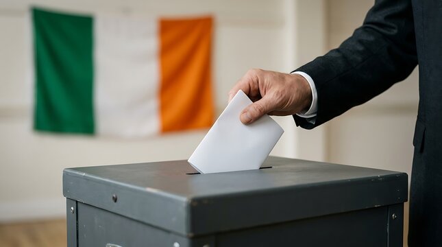 Person casting a vote in an election with the irish flag in the