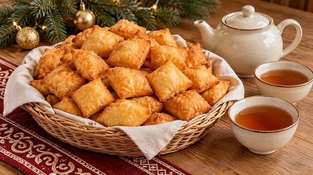 Golden boorsok and tea with evergreen branches and ornaments for a cozy New Year celebration.