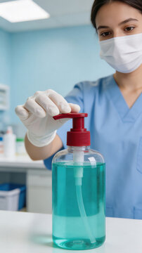 Female asian nurse using hand sanitizer in hospital setting for hygiene