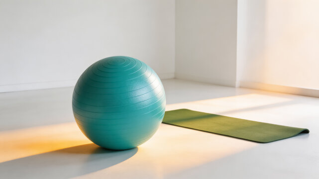 Yoga exercise setup with green mat and aqua fitness ball in sunlit room