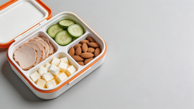 Healthy lunch box with sliced chicken, almonds, cucumber, cheese, and marshmallows