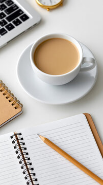 Coffee break: laptop, notebook, and cup on office desk for productivity