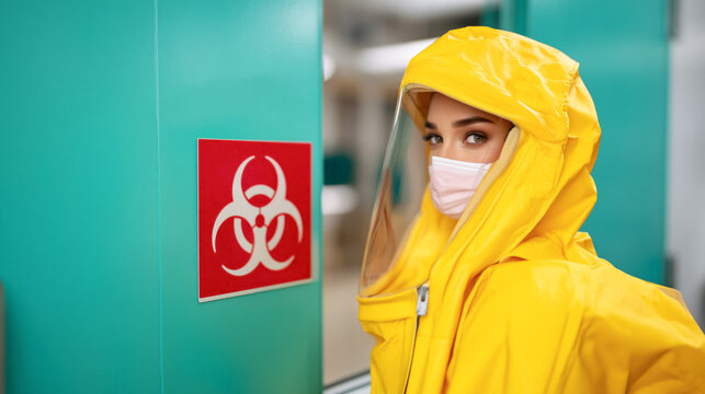 Female scientist in yellow hazmat suit observing biohazard sign in laboratory setting