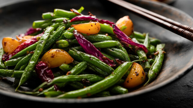 Vibrant stir-fry with green beans, yellow peppers, and red cabbage garnished with garlic