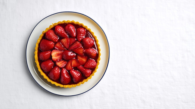 Delicious strawberry tart with fresh sliced strawberries on white plate