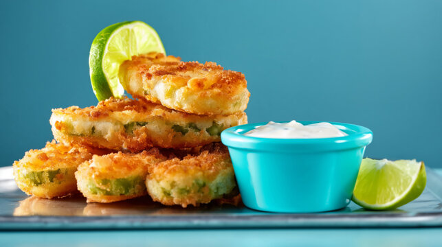 Crispy jalape&ntilde;o poppers with lime and sauce on blue background