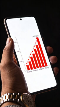 Male hand holding smartphone displaying tariff cost chart with red bar graph