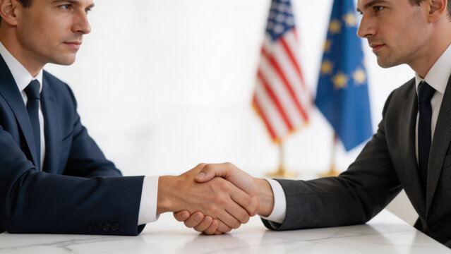 Businessmen handshake with american and european flags in background