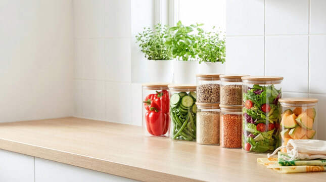 Organized kitchen counter with fresh produce and grains in glass jars