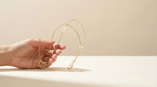 Elegant gold heart necklace in female hand on beige background
