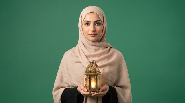 Young asian female holding lantern against green background in traditional attire