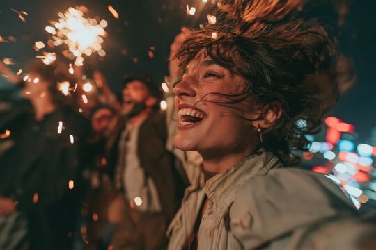 People celebrate at night with sparklers and joy in an outdoor setting