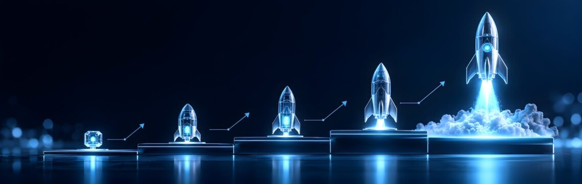 Futuristic digital rendering illustrating business growth stages and startup success with glowing rocket ships launching across ascending platforms, symbolizing innovation and ambitious progress.