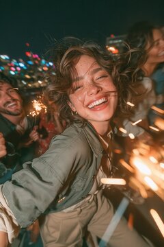 Young people celebrate with sparklers on a rooftop at night in a city filled with lights