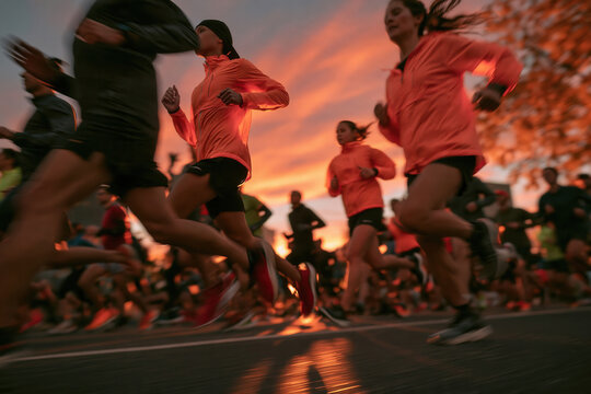 Runners participate in a race during sunset with bright colors in the sky and a vibrant crowd