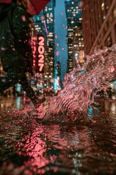 Walking in the rain on city streets with reflections at night during the year 2027