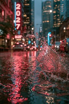 City street with rain creating splashes, reflections, and colorful lights in an urban setting
