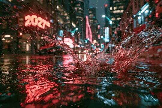 Water splashes in a city street with bright lights and reflections during evening hours