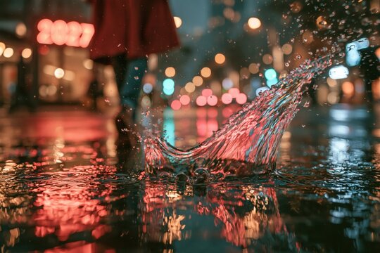 City street with rain and reflections at night with blurred lights in background