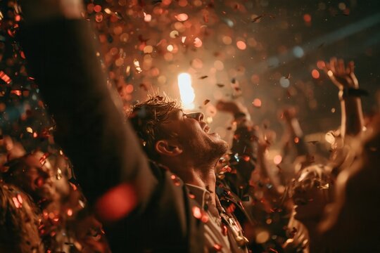 People celebrate together under colorful confetti at a lively event in the evening