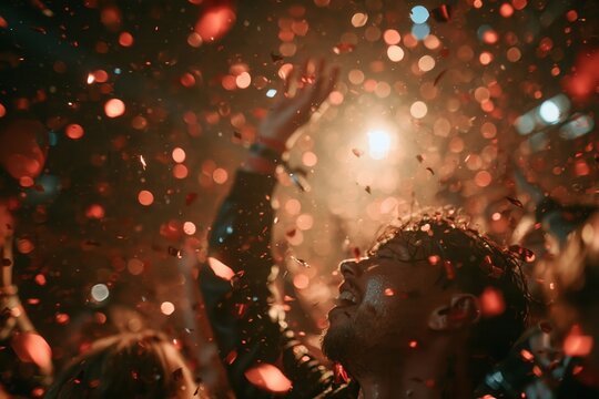 Crowd enjoying a celebration with confetti and colorful lights at a nighttime event