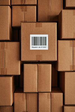 Multiple brown cardboard boxes stacked together with a barcode label attached