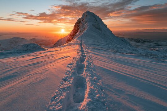 Snowy mountain path with footsteps leading toward a sunset over the horizon in the evening sky