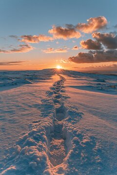 Snowy path leads to bright sunset over the landscape with clouds and horizon in view