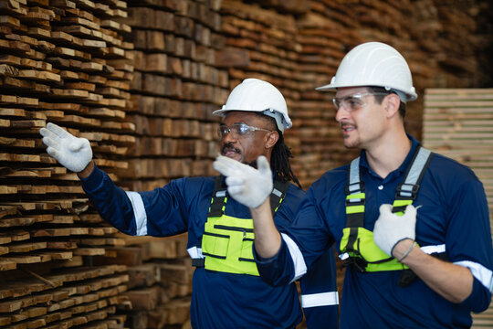 Demonstrating teamwork, two factory workers inspect and point at stacked wood during a team meeting beside tall timber piles.