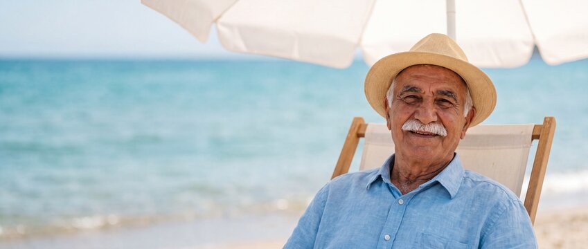 Soaking up the summer sun, a cheerful older gentleman with a white mustache relaxes in a beach chair by the crystal-clear ocean, leaving plenty of room for text on the right.