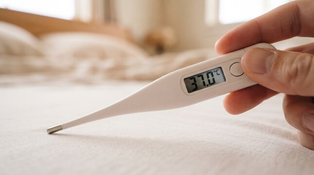 Digital thermometer held in hand showing temperature during cold and flu season  