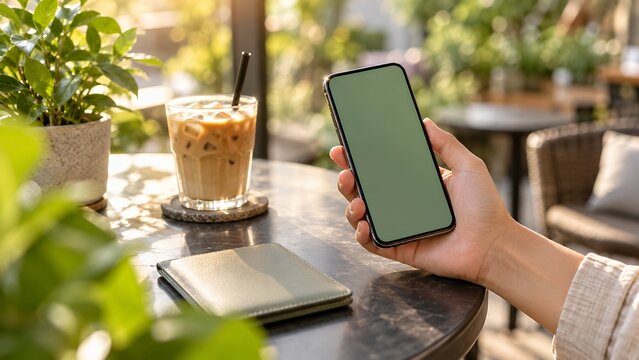Mobile planning detail at a sunny cafe patio