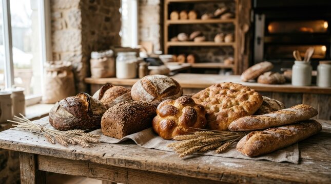 A rustic bakery scene with various types of bread, loaves, and a rustic wooden table.