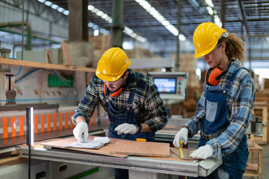Measuring, a woman practices carpentry in the workshop as a female carpenter alongside her colleague at the panel saw.