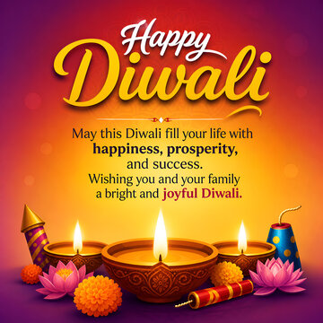 Happy Diwali greeting with glowing diyas, lotus, marigold flowers and firecrackers on golden background