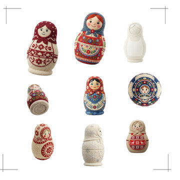 Vintage Russian Matryoshka Nesting Doll Set with Traditional Folk Patterns in Red Blue Cream and Floral isolated on transparent background