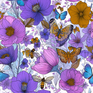 Colorful spring doodle pattern with flowers, bees, and butterflies for seasonal design inspiration and creativity