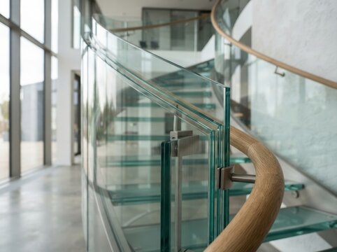 curved glass staircase interior Modern glass staircase with curved wooden handrail in bright interior