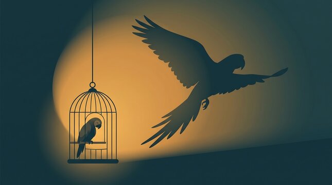 A parrot inside a hanging birdcage casting a large silhouette shadow of a flying bird under a beam of warm light, representing concepts of freedom, hope, and imagination.