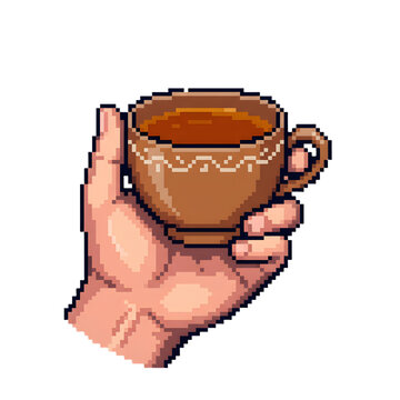 hand holding a cup of tea in 8 bit style