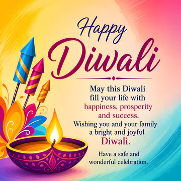 Happy Diwali greeting card with purple diya, rockets and colorful brush strokes, safe celebration