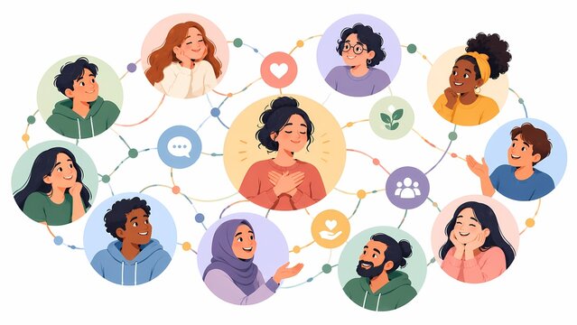 Social Network Illustration with Diverse People and Connection Lines