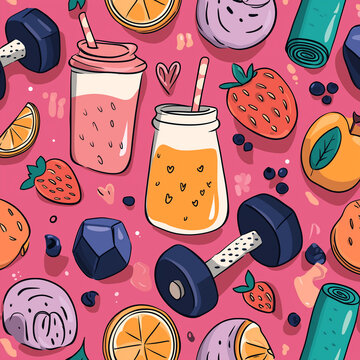 Doodles of dumbbells and smoothies represent a healthy lifestyle with fruits and gym equipment on a pink background
